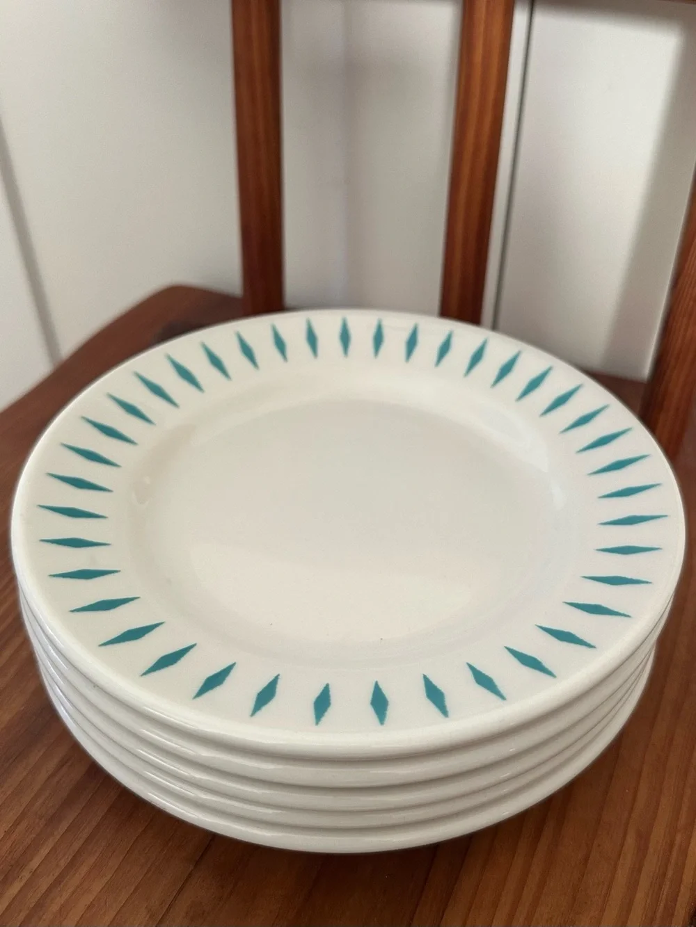 Set of 5 Vintage Homer Laughlin 7in Plates Turquoise Atomic Diamond Pattern
